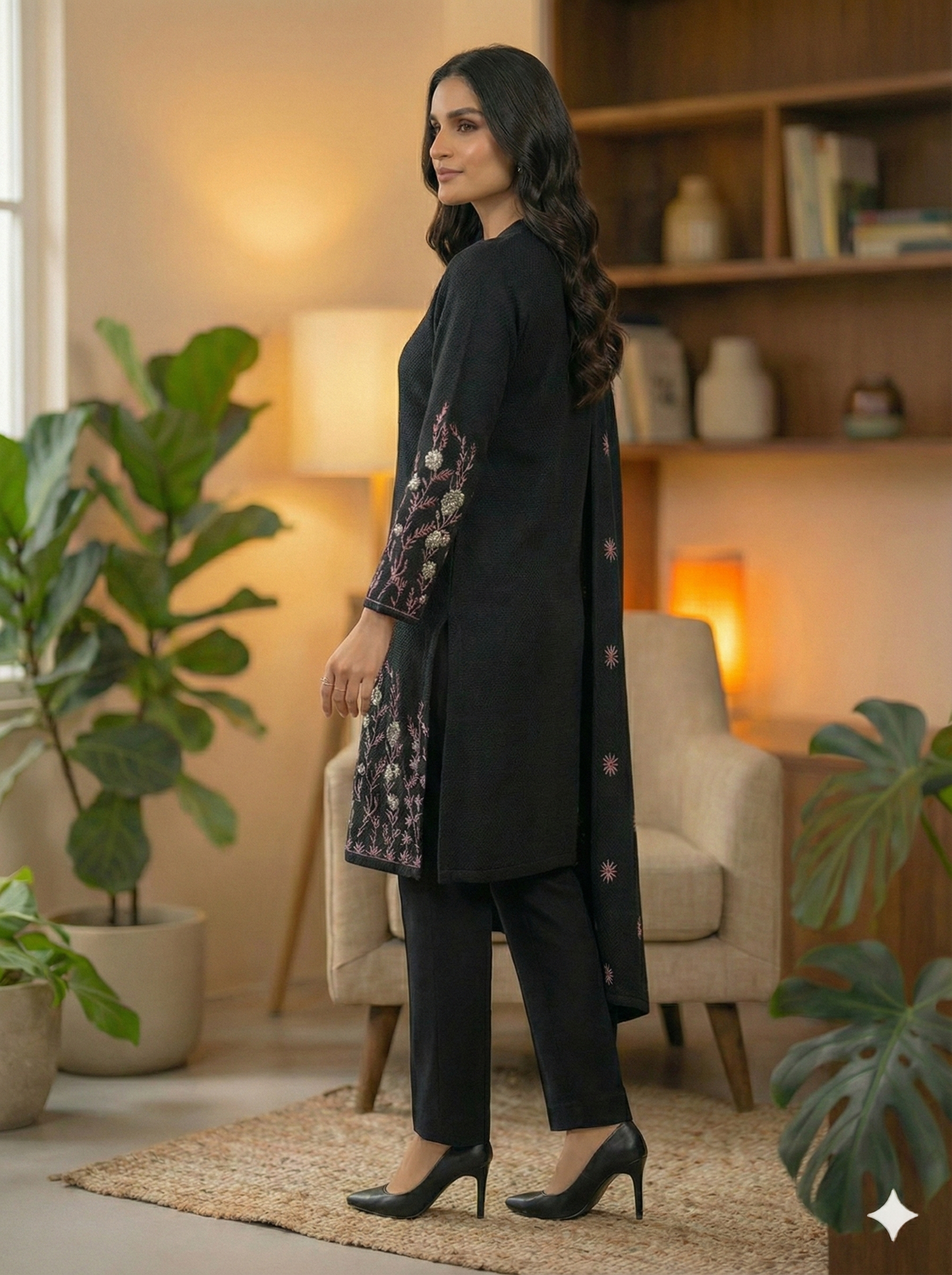 Noir Floral Embroidered Woolen Suit