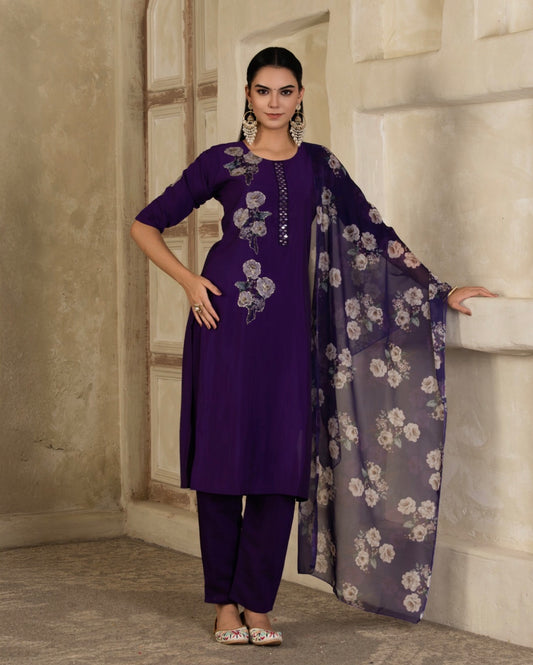 Midnight Violet Floral Muslin Suit