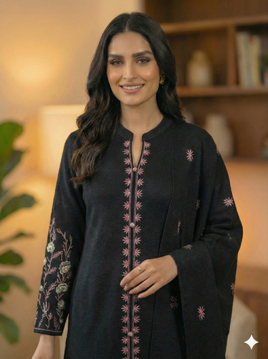 Noir Floral Embroidered Woolen Suit