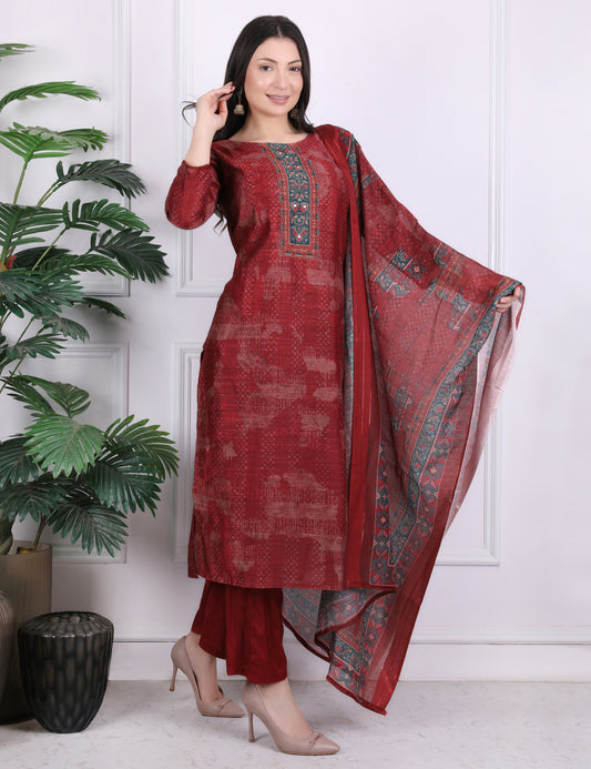 Mehroon Heritage Kantha Suit Set