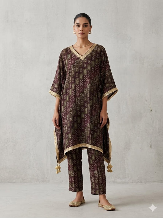 Wine Lace Detail Kaftan Set