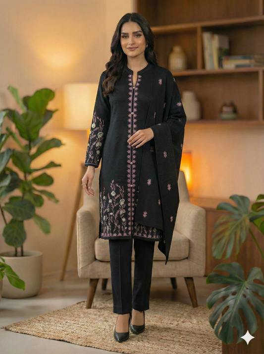 Noir Floral Embroidered Woolen Suit