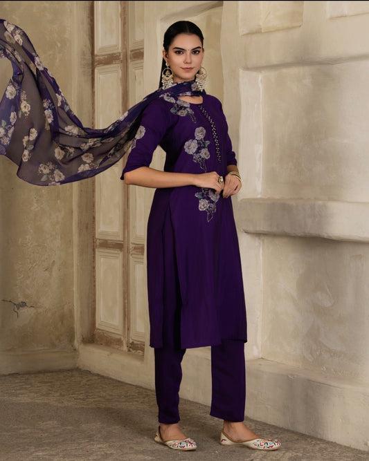 Midnight Violet Floral Muslin Suit