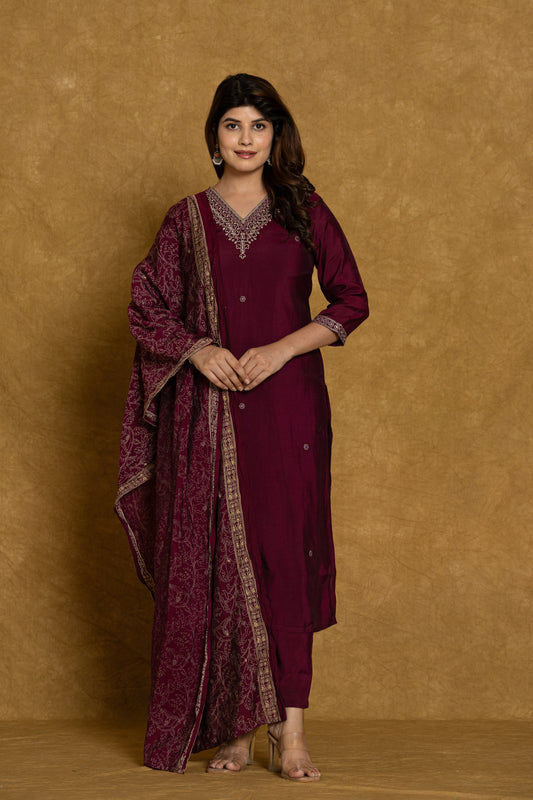 Wine Silken Sapphire Silk Suit