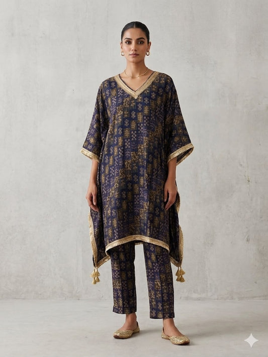 Blue Lace Detail Kaftan Set