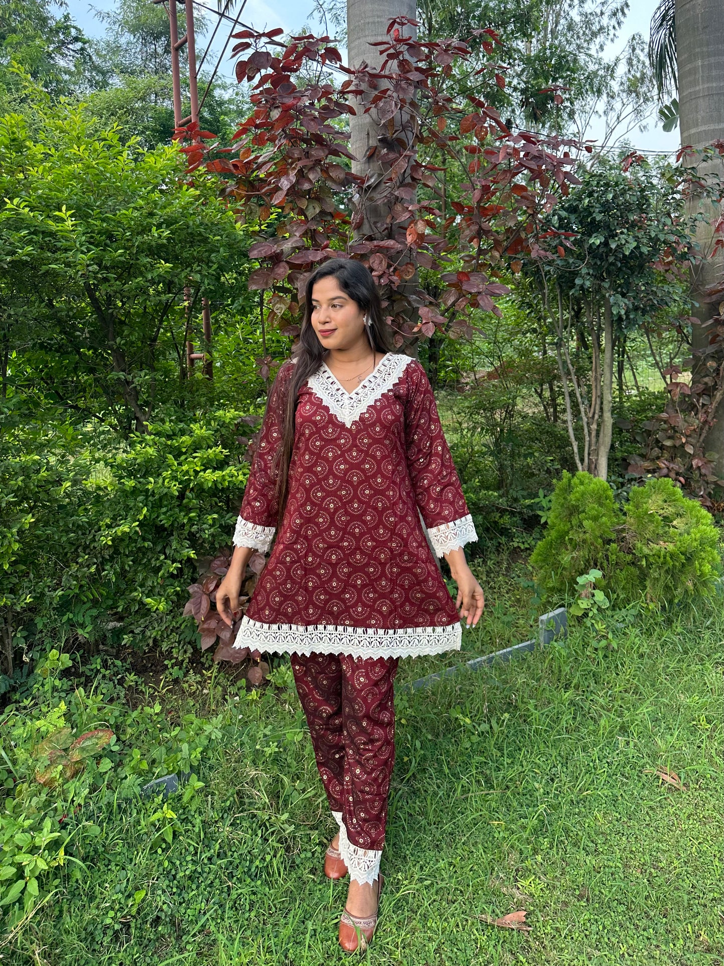 Wine Lace Embellished Rayon Co-ord Set