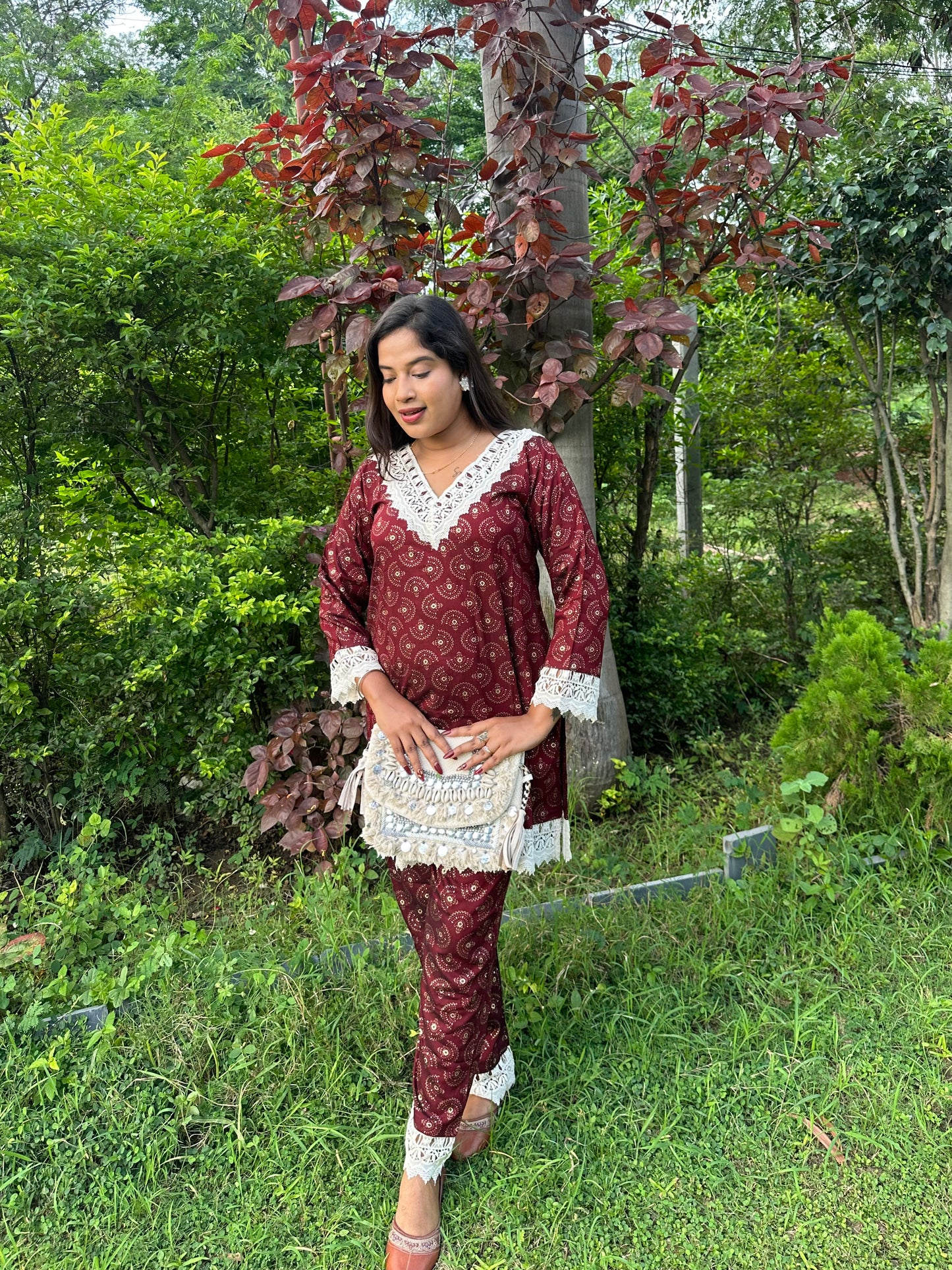 Wine Lace Embellished Rayon Co-ord Set