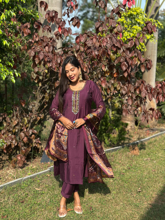 Wine Imperial Embroidered Suit Set