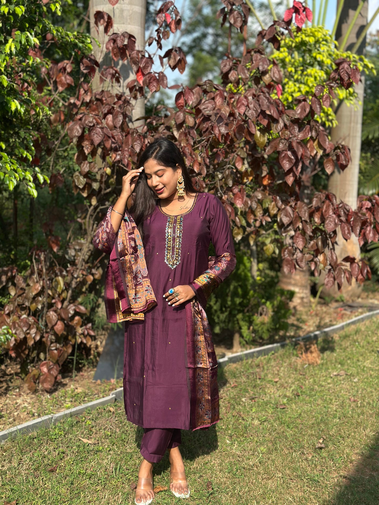 Wine Imperial Embroidered Suit Set