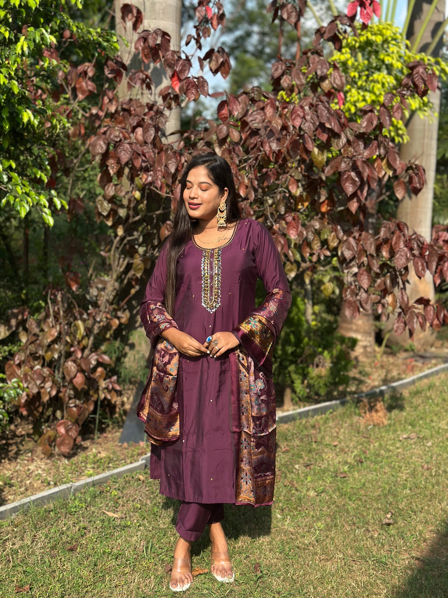 Wine Imperial Embroidered Suit Set