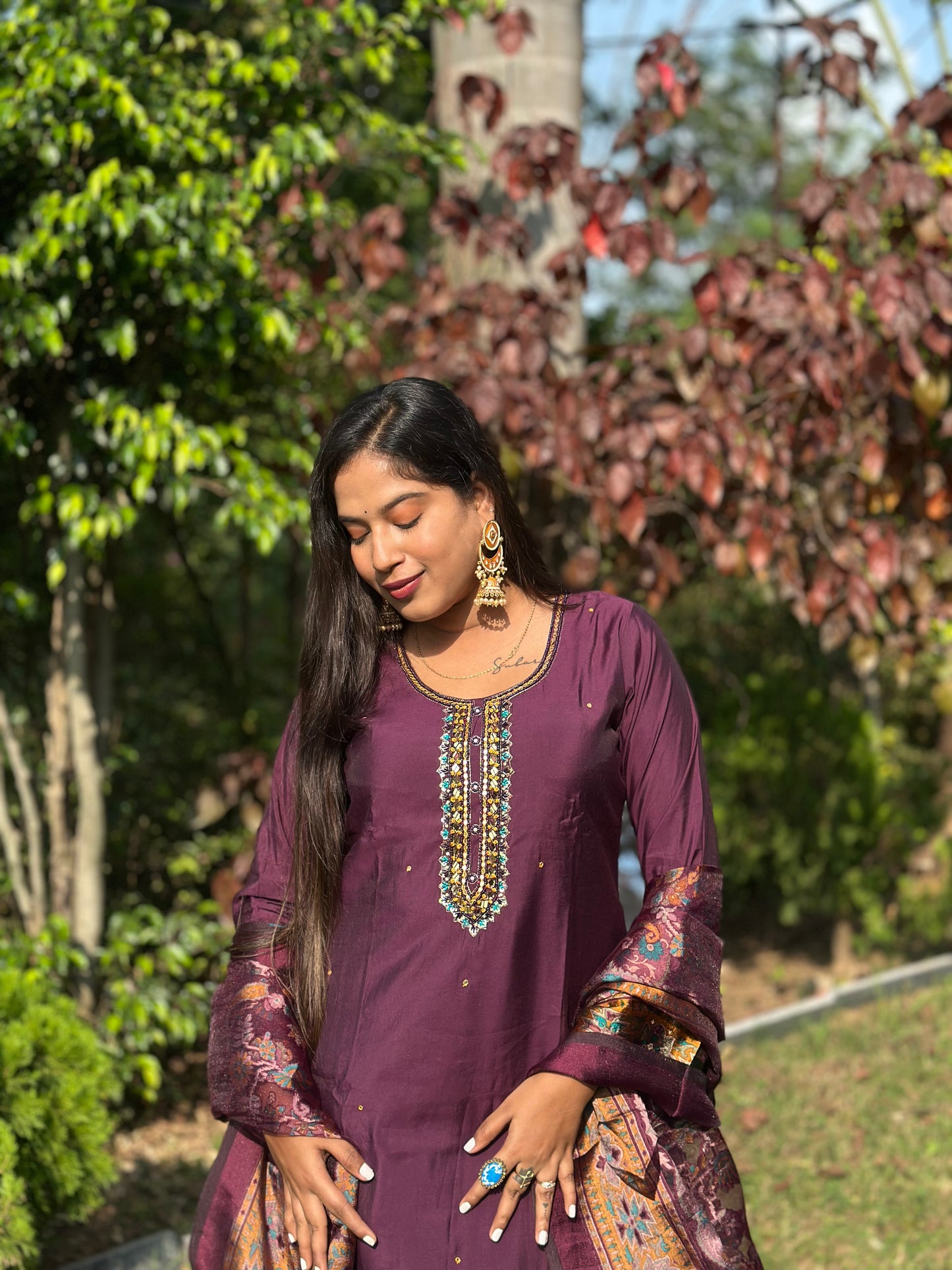 Wine Imperial Embroidered Suit Set