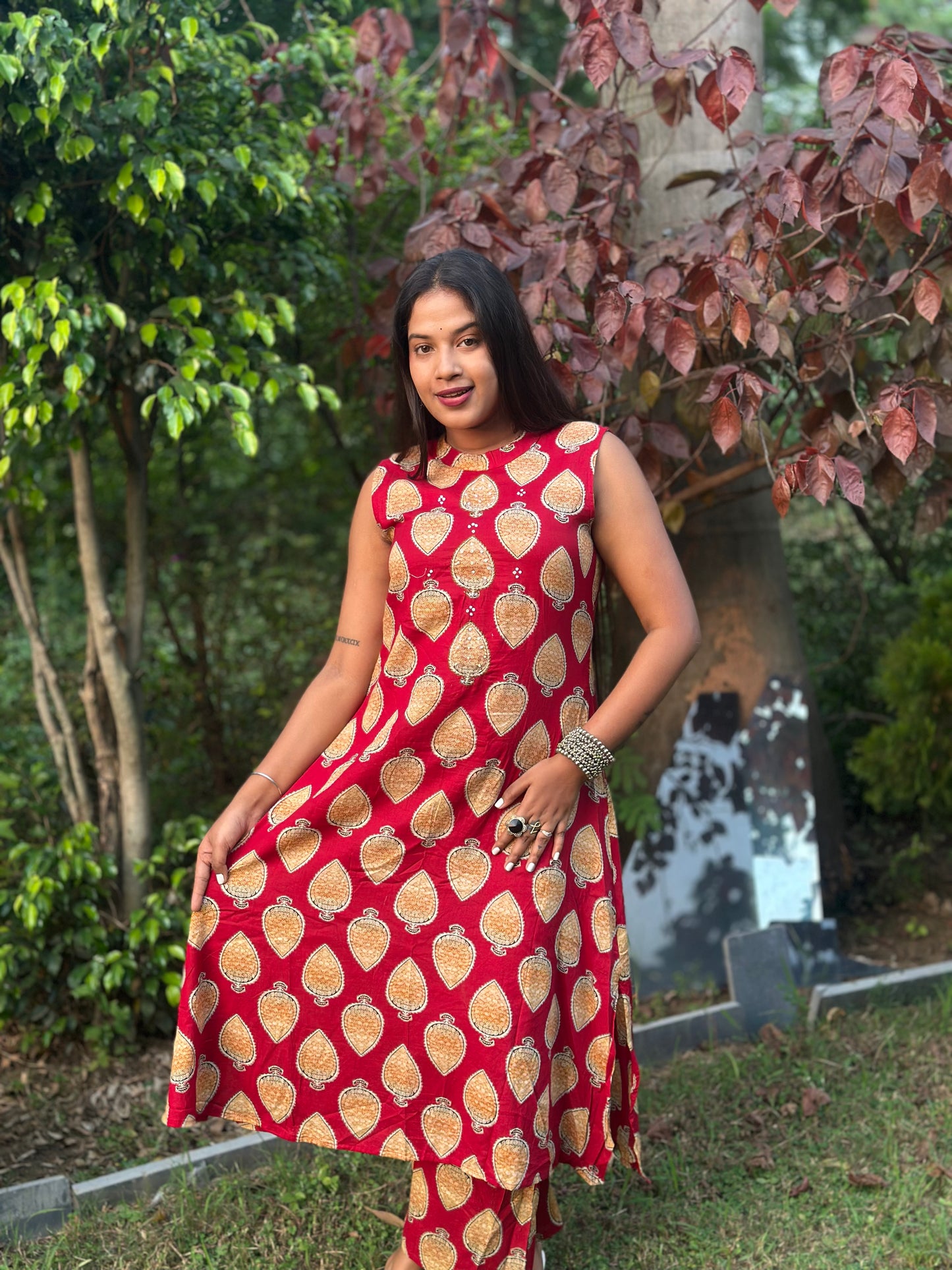 Red Elegant Ikat Print Co-ord Set