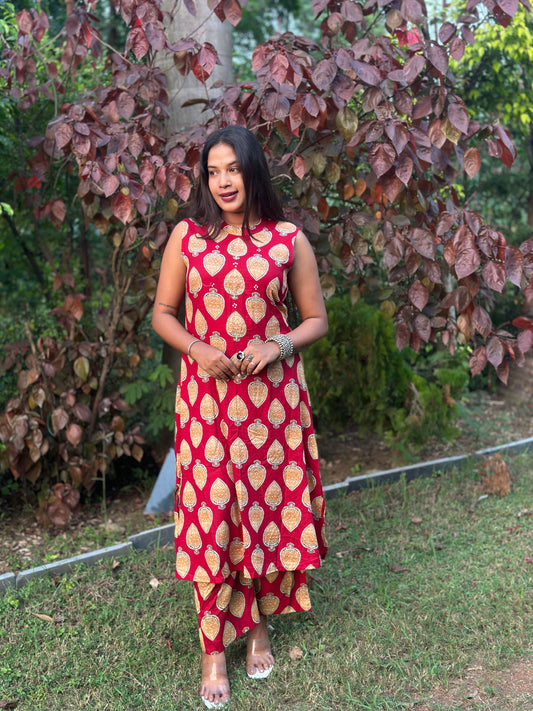 Red Elegant Ikat Print Co-ord Set