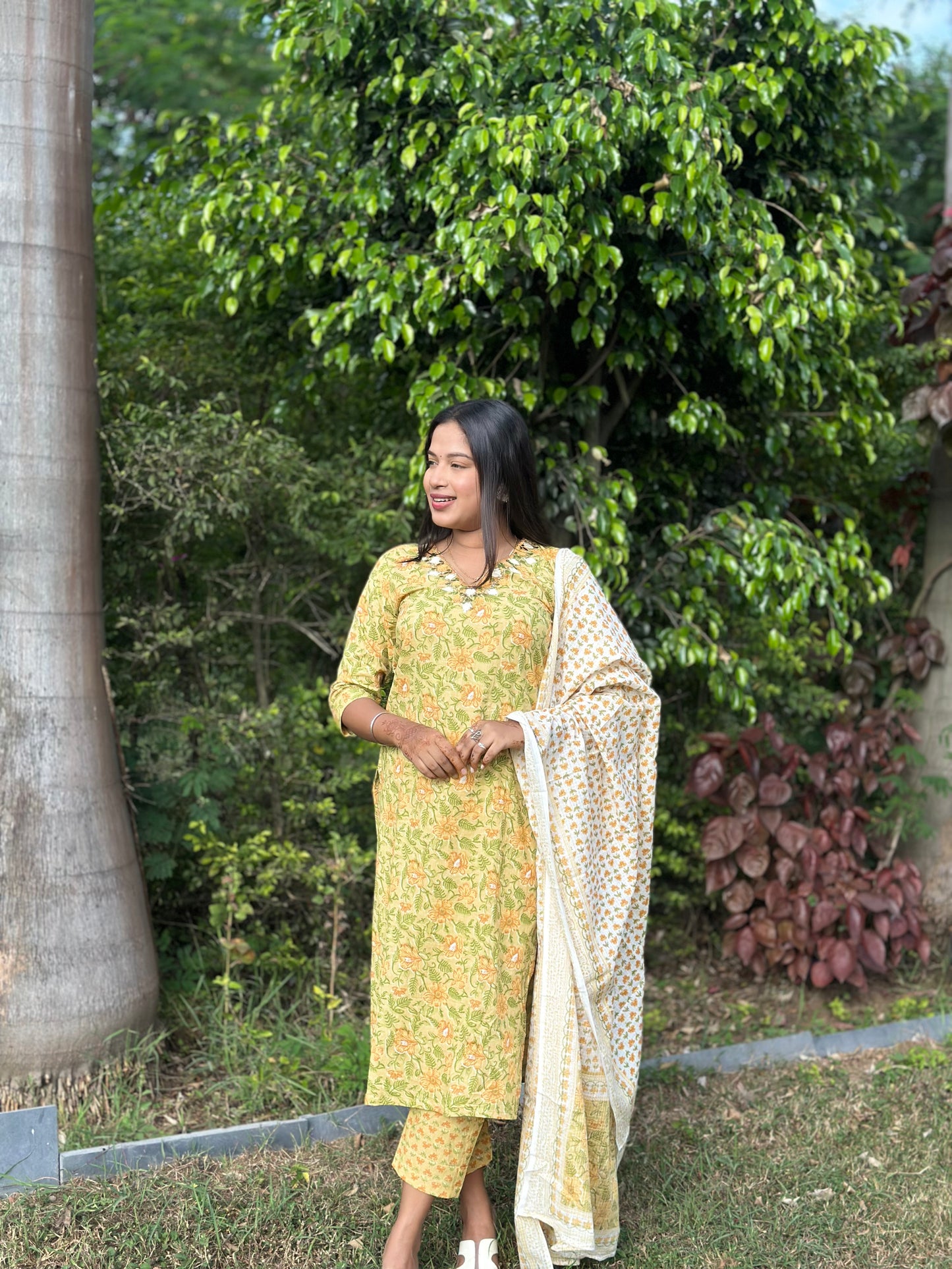 Yellow Floral Charm Cotton Kurti Set