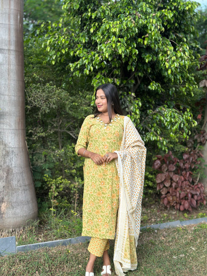 Yellow Floral Charm Cotton Kurti Set