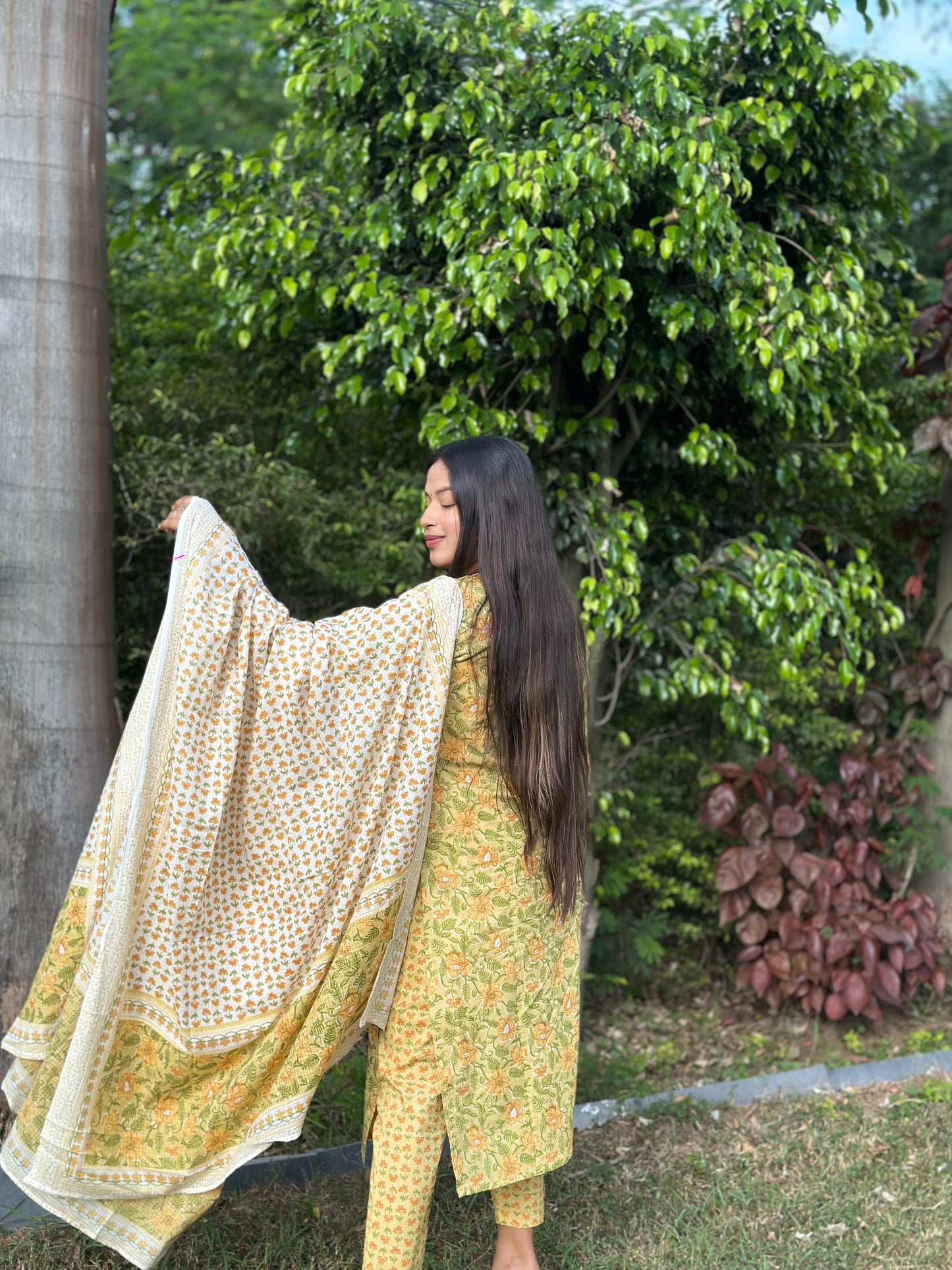 Yellow Floral Charm Cotton Kurti Set