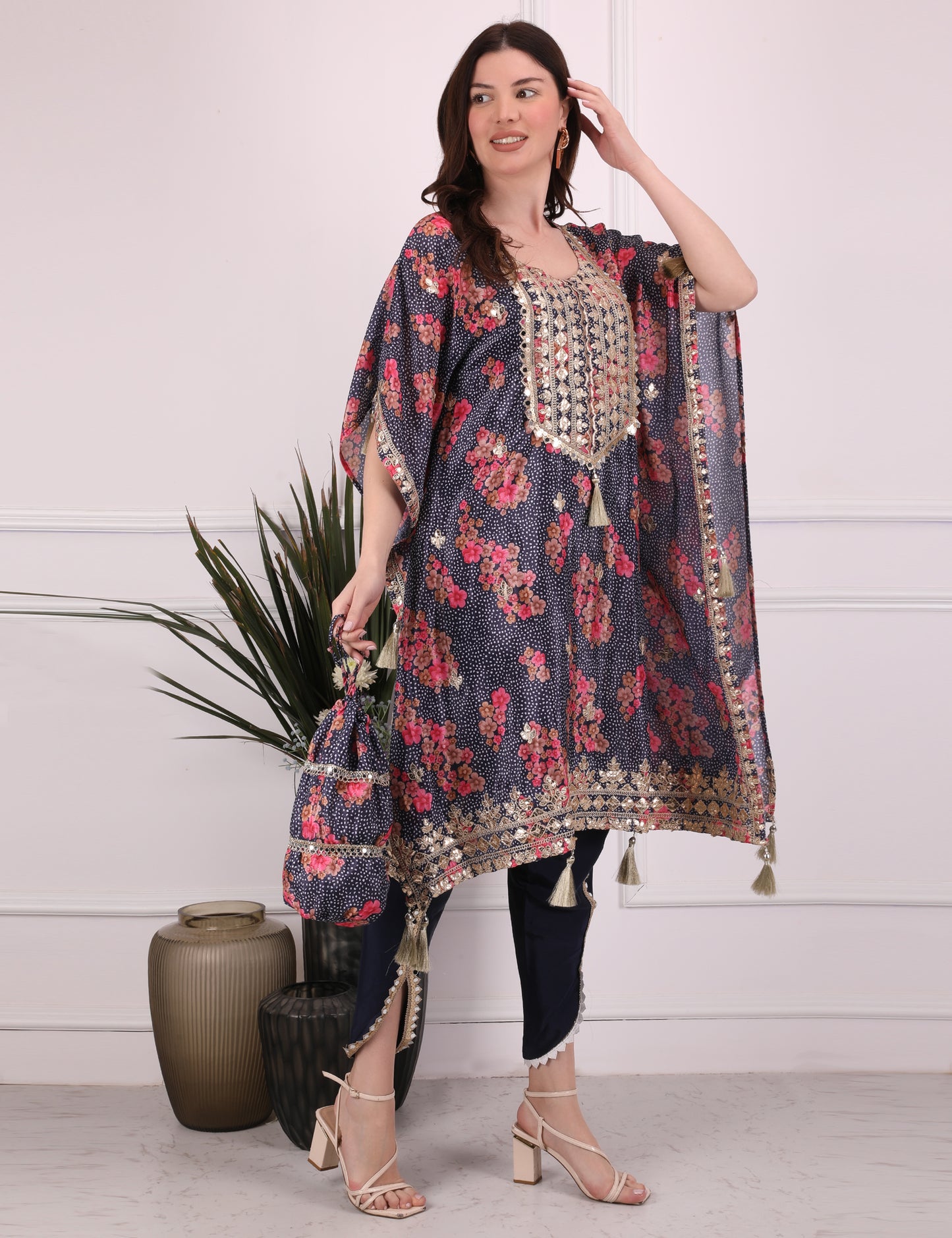 Indigo Ornate Bloom Kaftan Set