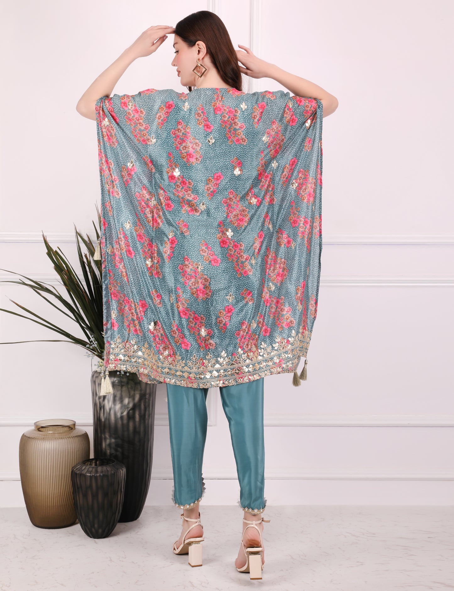 Sky Blue Ornate Bloom Kaftan Set