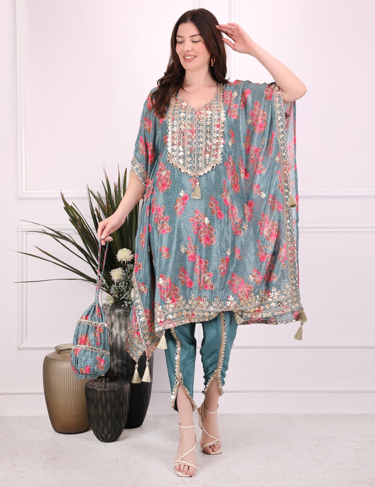 Sky Blue Ornate Bloom Kaftan Set