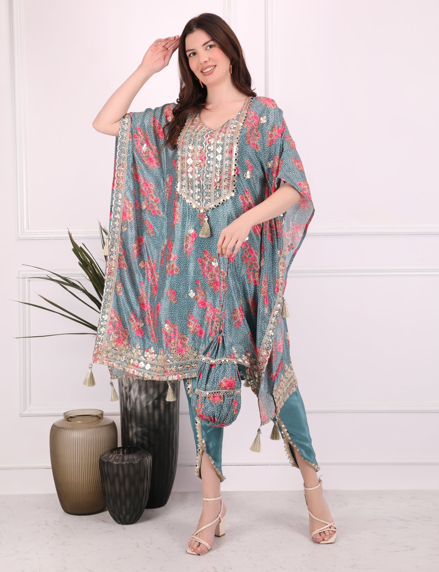 Sky Blue Ornate Bloom Kaftan Set