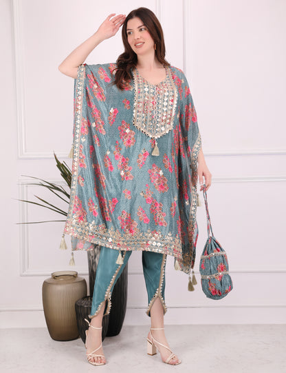 Sky Blue Ornate Bloom Kaftan Set