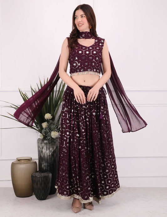 Wine Mystic Sequence Lehenga