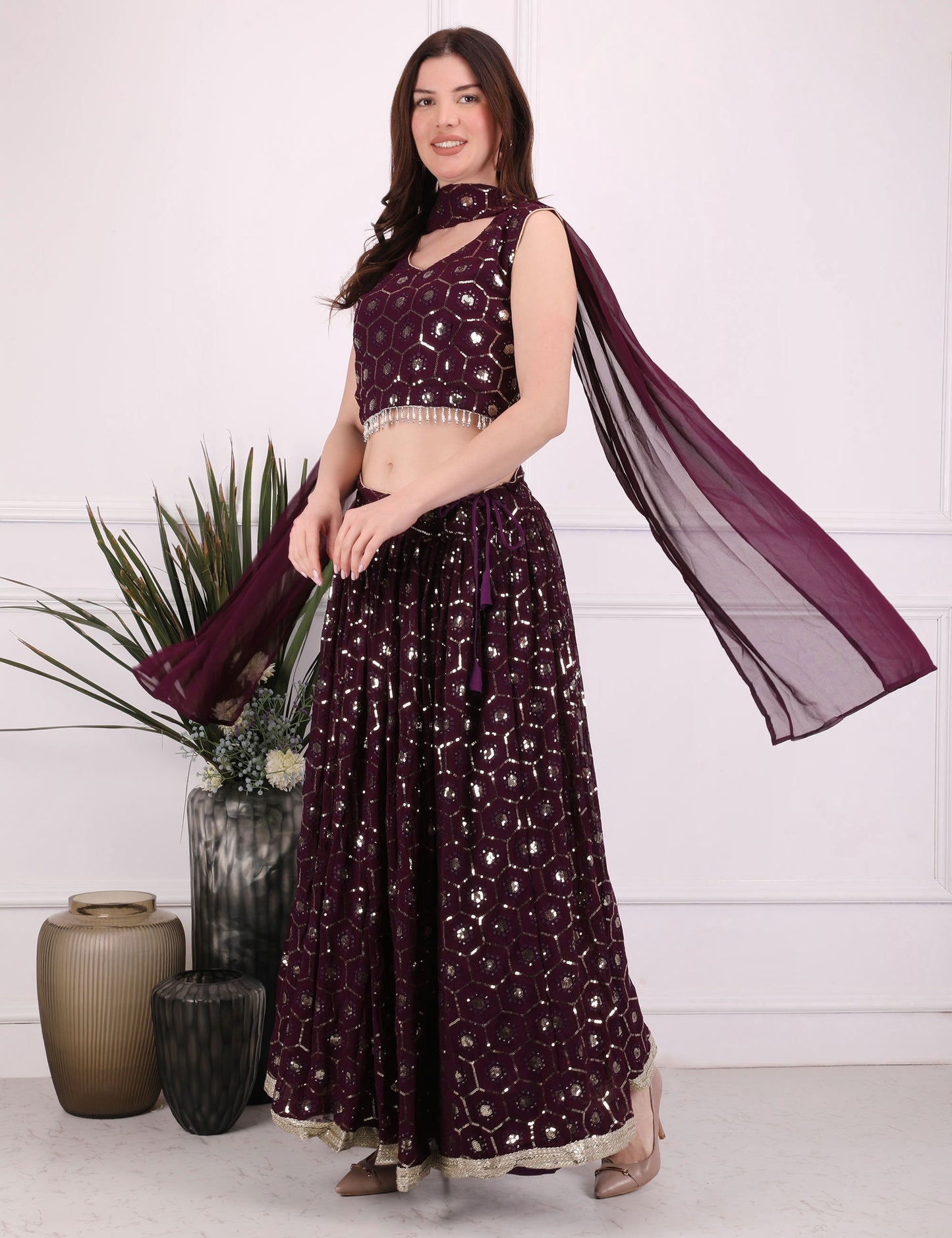 Wine Mystic Sequence Lehenga