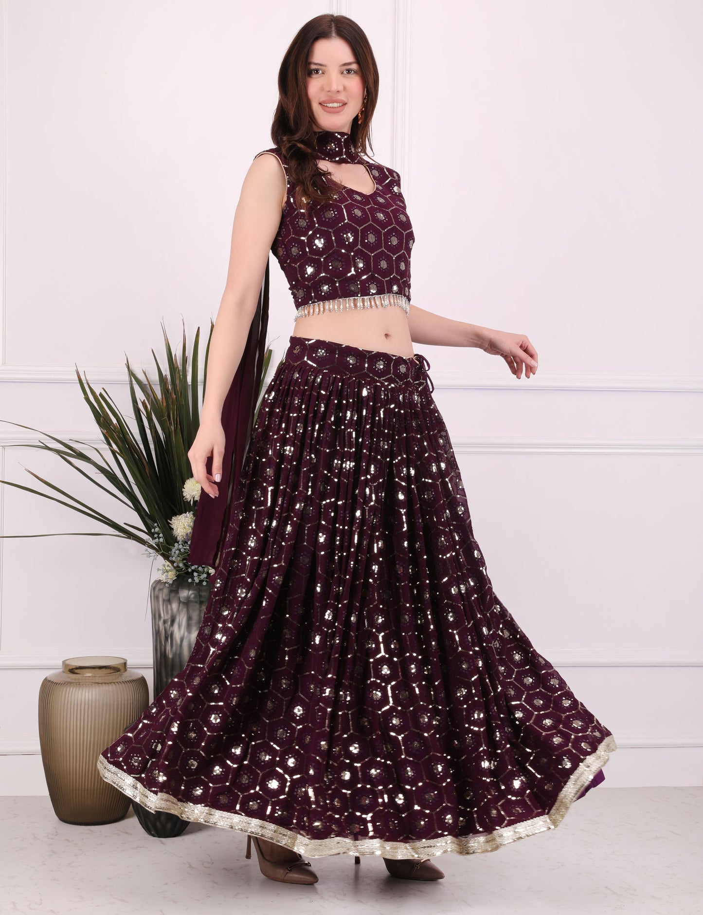 Wine Mystic Sequence Lehenga