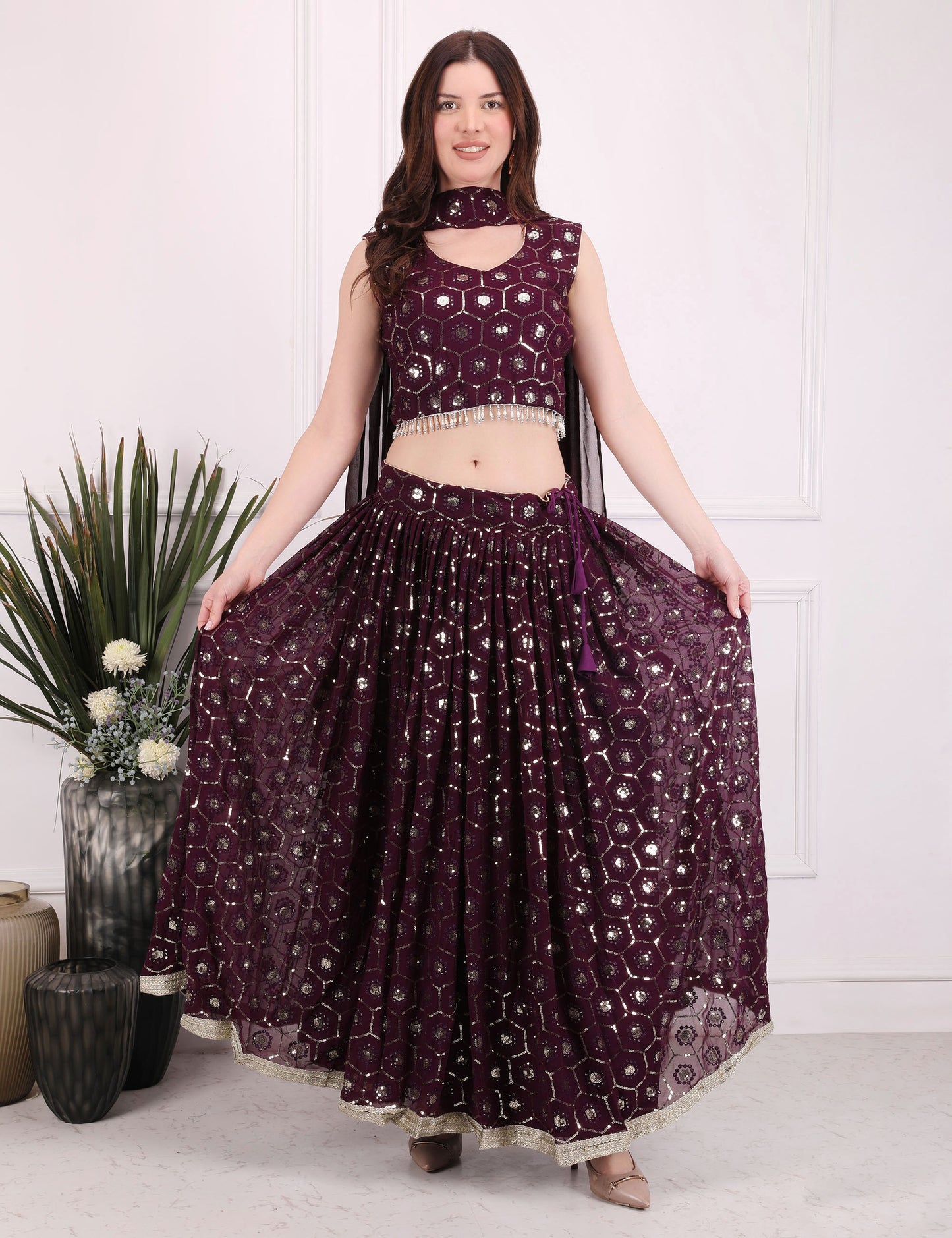 Wine Mystic Sequence Lehenga