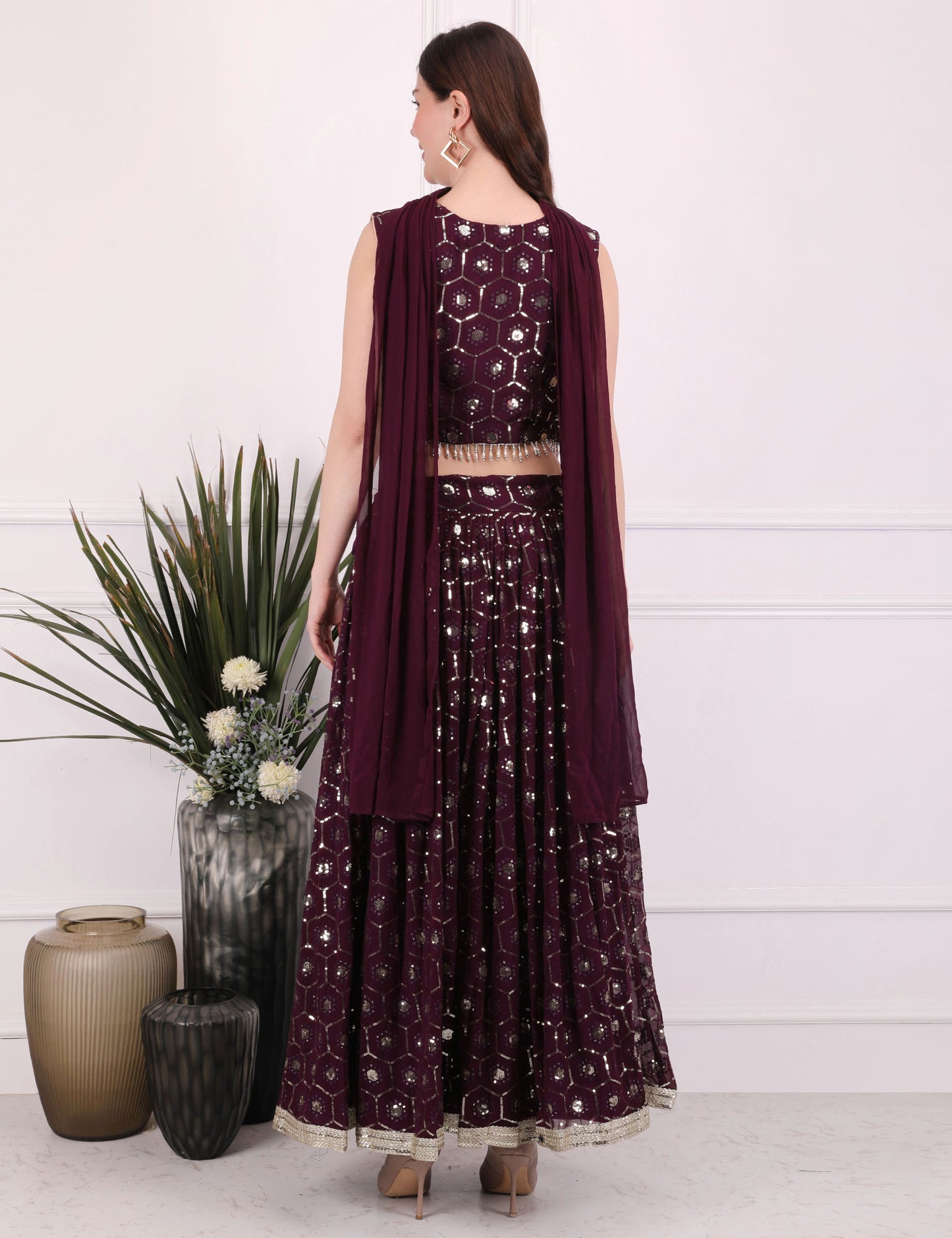 Wine Mystic Sequence Lehenga